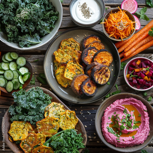 A colorful spread of healthy food on a wooden table, featuring sweet potato, hummus, and kale chips