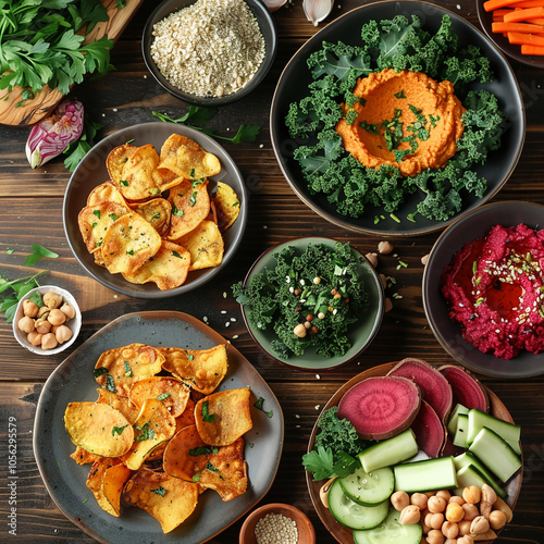 A table spread with a variety of healthy snacks, including sweet potato chips, hummus, kale salad, and cucumbers. The meal is perfect for a light and healthy lunch or snack