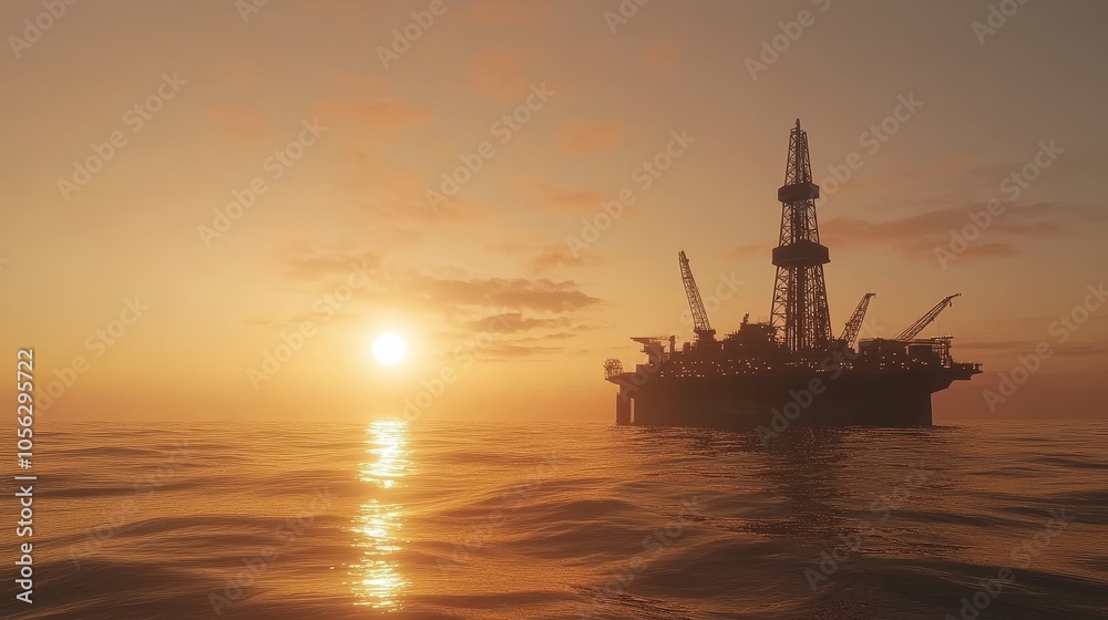 Offshore Oil Rig at Sunset.Concept of industrial strength, resource extraction, offshore engineering, energy production, environmental impact, global trade,Oil and gas industry, marine engineering, co