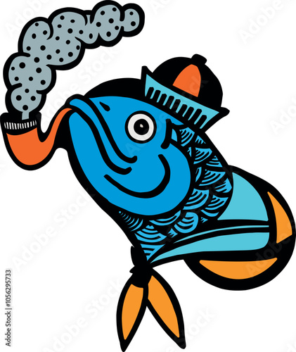 Sea captain fish cartoon smoking pipe colorful vector illustration on white background