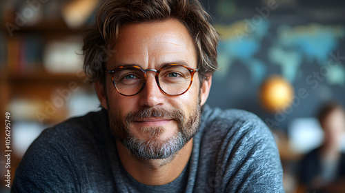 portrait of male teacher in classroom with white shades, cinematic, png