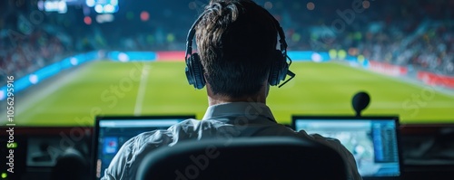 Soccer Game Commentary: A sports commentator at a soccer game in a broadcasting booth, focused on delivering live match insights. photo