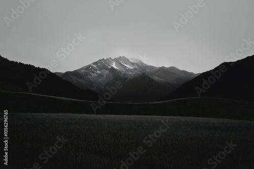 Green landscape snowy mountains . High quality photo