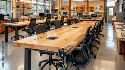 Wallpaper Mural Modern office with wood desks and black chairs in a bright, spacious interior. Professional and stylish atmosphere perfect for startups or established companies Torontodigital.ca