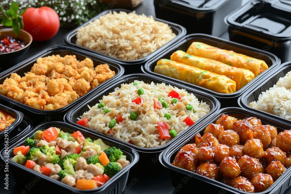 Assorted Asian Cuisine in Black Containers.Concept of diverse Asian cuisine, fusion food, takeaway meals, affordable dining,Food delivery, restaurants, catering services. Assorted Asian Cuisine in Black Containers.Concept of diverse Asian cuisine, fusion food, takeaway meals, affordable dining,Food delivery, restaurants, catering services.