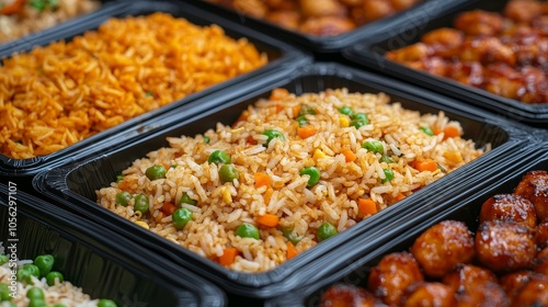 Assorted Asian Cuisine in Black Containers.Concept of diverse Asian cuisine, fusion food, takeaway meals, affordable dining,Food delivery, restaurants, catering services.