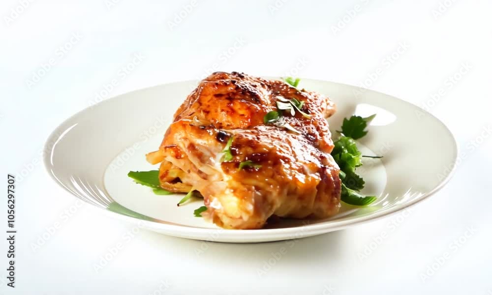 Rotating grilled chicken on a perfect plate on a seamless white background. Rotating grilled chicken on a perfect plate on a seamless white background.