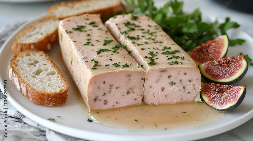 Classic Foie Gras Torchon with Fig Compote and Toasted Baguette.Concept of luxury, fine dining, French cuisine, gourmet food. Classic Foie Gras Torchon with Fig Compote and Toasted Baguette.Concept of luxury, fine dining, French cuisine, gourmet food.
