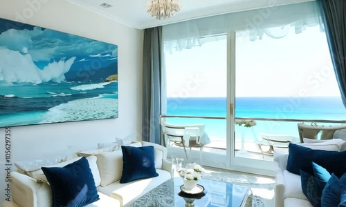 Blue and white themed living room, ocean view photo