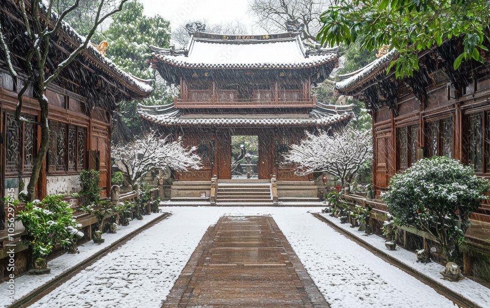 Snow-covered courtyard featuring bench, trees, and serene winter landscape, perfect for quiet reflection. Snow-covered courtyard featuring bench, trees, and serene winter landscape, perfect for quiet reflection.