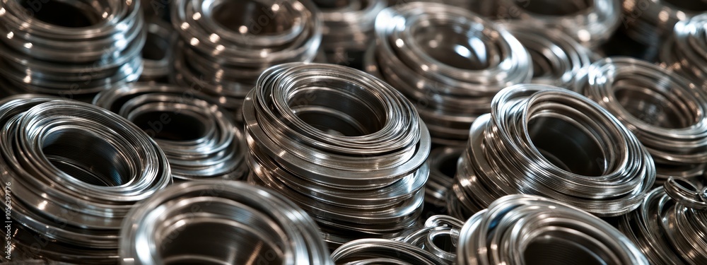 Shiny Metal Spirals Ready for Industrial Production.Concept of Industrial production, precision engineering, metalworking, manufacturing process, technological advancement,aerospace, machinery. Shiny Metal Spirals Ready for Industrial Production.Concept of Industrial production, precision engineering, metalworking, manufacturing process, technological advancement,aerospace, machinery.