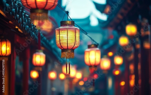 Street filled with numerous hanging lanterns, creating warm glow and inviting ambiance during evening stroll.