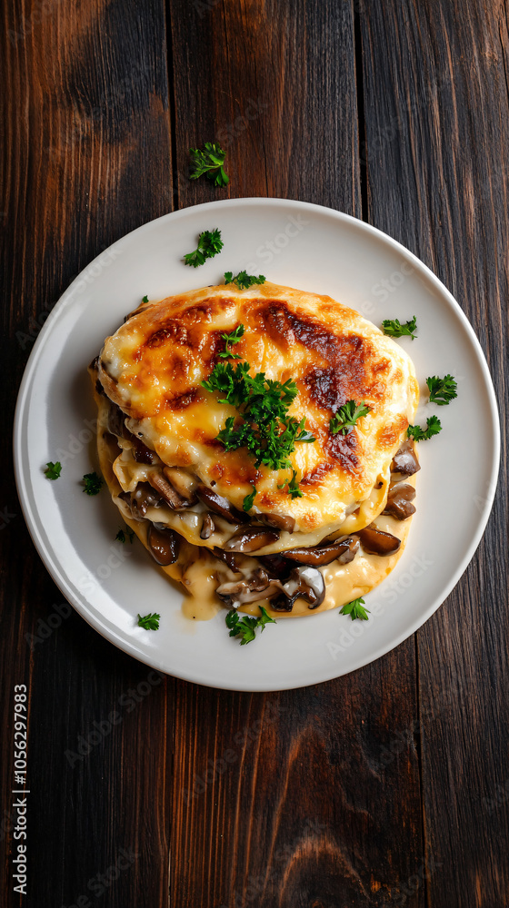 Lasagna with mushrooms, cheese, herbs, and sauce on a white plate on a dark wooden table Lasagna with mushrooms, cheese, herbs, and sauce on a white plate on a dark wooden table