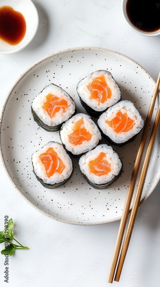 Delicious sushi rolls with salmon and rice served with chopsticks on a white plate, accompanied by soy sauce for dipping Delicious sushi rolls with salmon and rice served with chopsticks on a white plate, accompanied by soy sauce for dipping