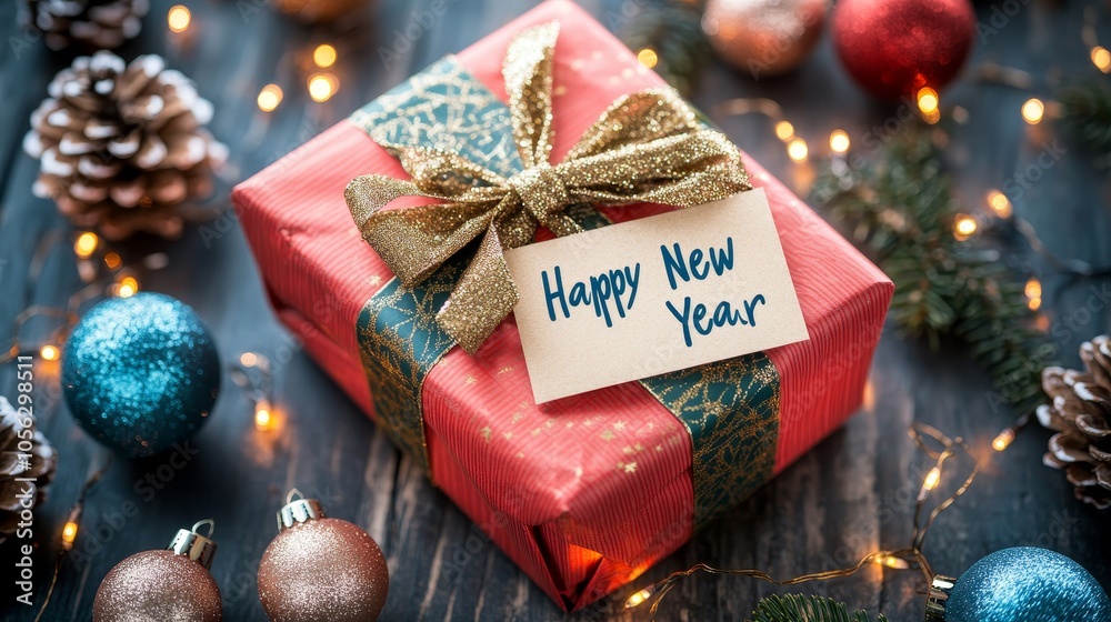 Happy New Year:Luxurious New Year's Gift.Concept of luxury, gifting, and festive cheer,Luxury brands, high-end retailers, gift wrapping services, holiday marketing.Theme of Christmas and New Year cele Happy New Year:Luxurious New Year's Gift.Concept of luxury, gifting, and festive cheer,Luxury brands, high-end retailers, gift wrapping services, holiday marketing.Theme of Christmas and New Year cele