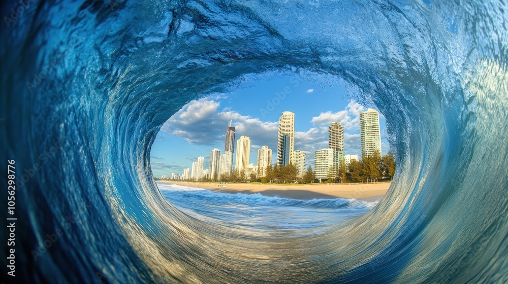 Fototapeta premium Cityscape through a Wave
