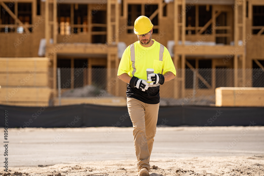 Construction worker having coffee break on construction site. A man ...