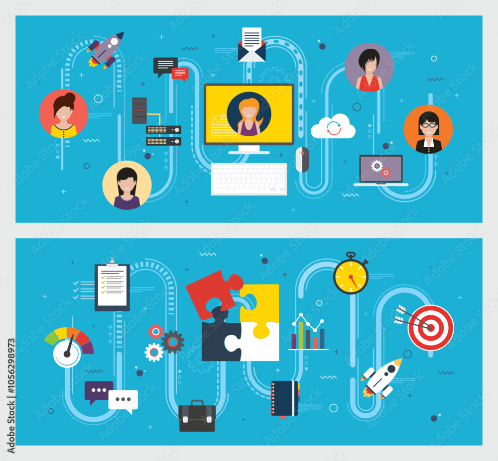 custom made wallpaper toronto digitalVector graphic illustration of icon set with concept of businesswomen meeting, remote work, cooperation and strategy in business, time management, video conference. Goal, tasks, and efficiency.