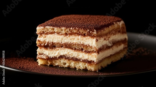 A rich slice of tiramisu showcasing espresso-soaked layers and creamy mascarpone with a cocoa powder dusting in high detail