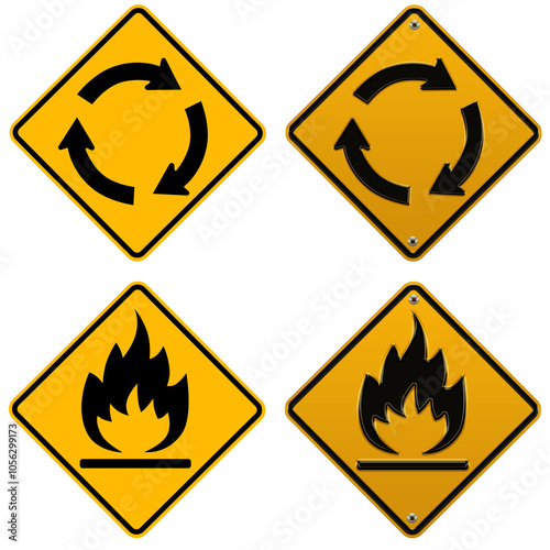 set of warning signs roundabout and fire