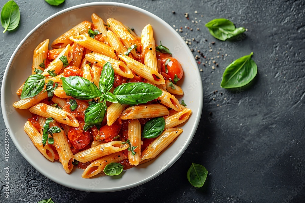 Delicious penne pasta with rich tomato sauce and fresh basil, perfect for World Vegan Month promotions, Italian culinary events, or healthy meal planning. Delicious penne pasta with rich tomato sauce and fresh basil, perfect for World Vegan Month promotions, Italian culinary events, or healthy meal planning.