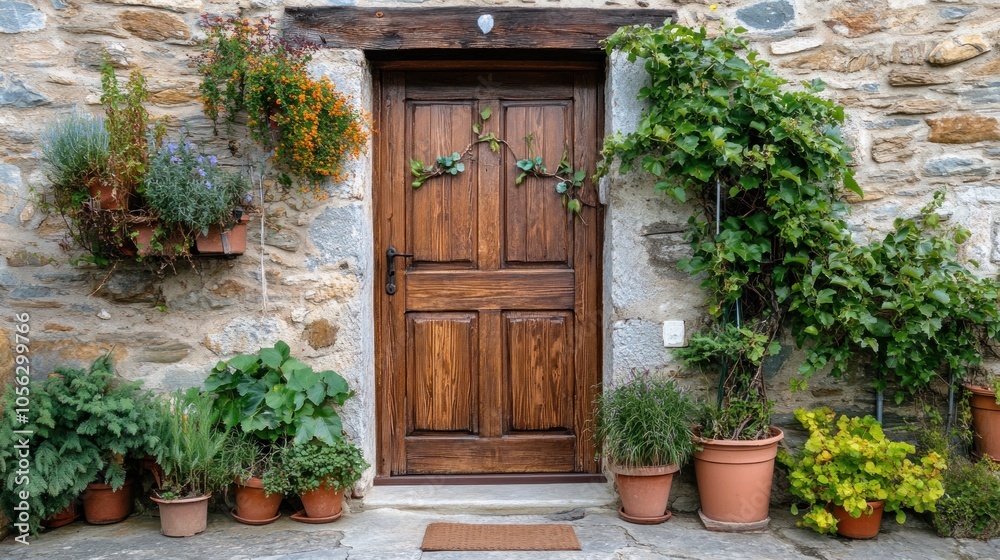 A wooden door with a green plant on the left side. There are several potted plants on the right side of the door