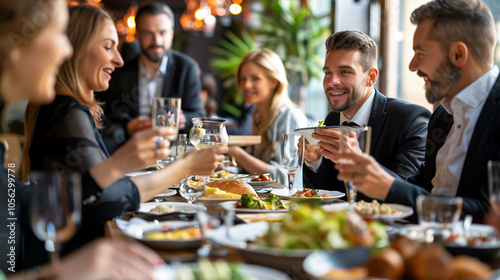 Group of happy business people dining in a restaurant