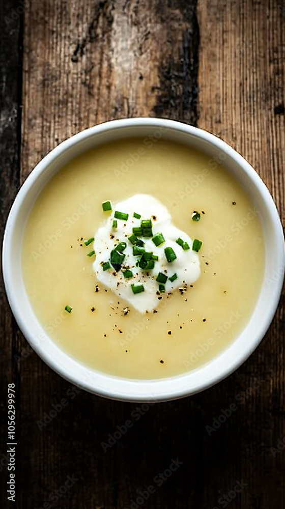 Creamy potato soup in a white bowl topped with chives, sour cream, and black pepper Creamy potato soup in a white bowl topped with chives, sour cream, and black pepper