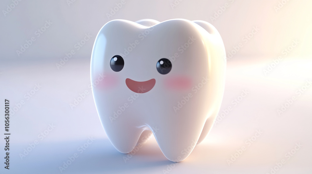 3D Render of Cute Cartoon Tooth with Happy Face and Blush Cheeks. Isolated Illustration on a Light Gradient Background. Dental Mascot Design. 3D Render of Cute Cartoon Tooth with Happy Face and Blush Cheeks. Isolated Illustration on a Light Gradient Background. Dental Mascot Design.