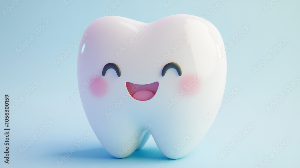 Happy Cartoon Tooth Character with Blush Cheeks and Big Smile. 3D Render on a Light Blue Background for Dental Care and Hygiene Visuals. Happy Cartoon Tooth Character with Blush Cheeks and Big Smile. 3D Render on a Light Blue Background for Dental Care and Hygiene Visuals.