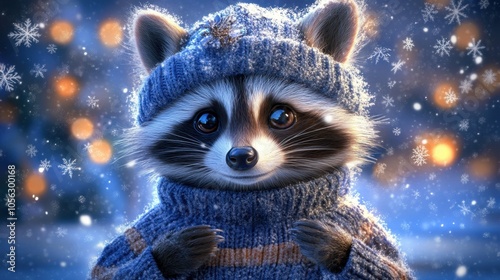 Cute raccoon in winter sweater with snowflakes photo