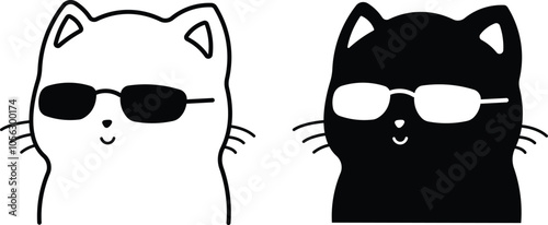 Cat with sunglasses cartoon character cute kitten Isolated silhouette black and white