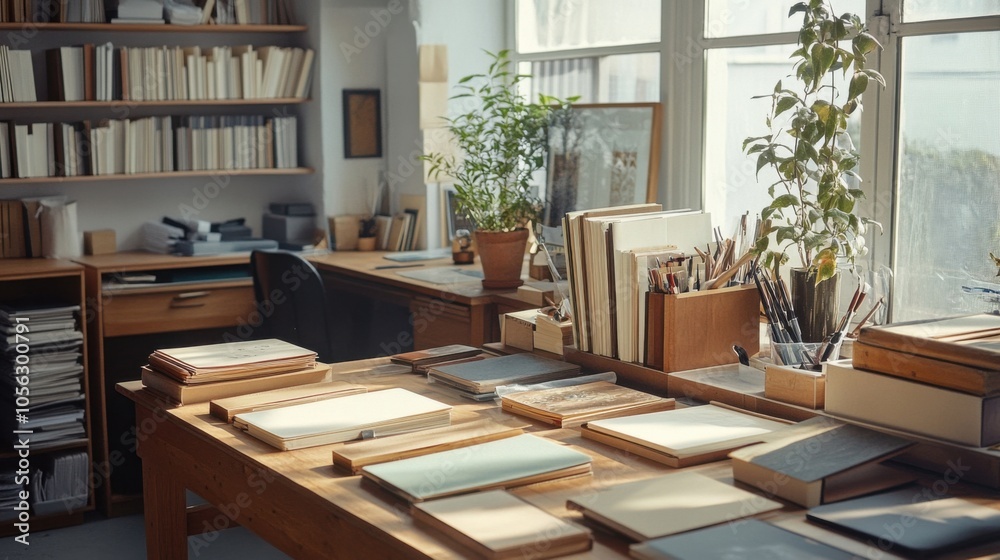 Fototapeta premium Workshop featuring bookbinding materials and organized space
