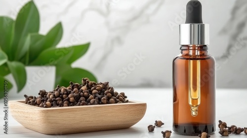 Clove essential oil is showcased in elegant glass bottles on a wooden tray, surrounded by peppercorns and dried leaves