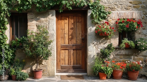 A wooden door with a green plant on the left side. There are several potted plants on the right side of the door