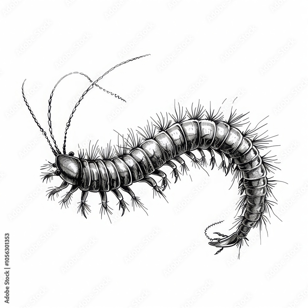 Fototapeta premium Black and white illustration of a centipede on a white background.