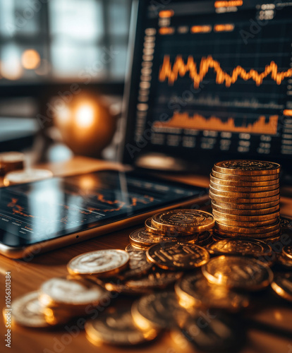 A close-up image of stacked gold coins with a digital tablet displaying a financial chart, symbolizing investment and market analysis.