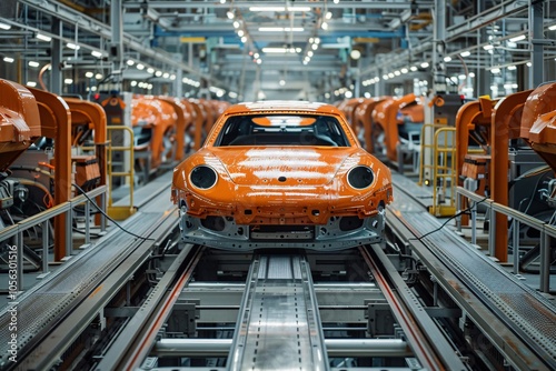 An orange car chassis moves along a production line in a contemporary automotive factory. Robotic arms are positioned ready to assemble components, showcasing advanced manufacturing technology