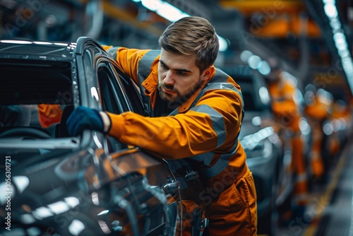 A worker in an orange uniform carefully inspects vehicles on an assembly line in a bustling factory, showcasing attention to detail and adherence to quality during the manufacturing process