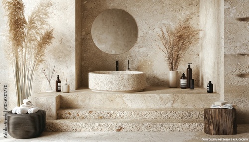 Sustainable bathroom scene with a travertine podium, ideal for spa and beauty product showcases.