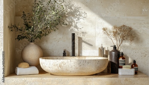 Sustainable bathroom scene with a travertine podium, ideal for spa and beauty product showcases.