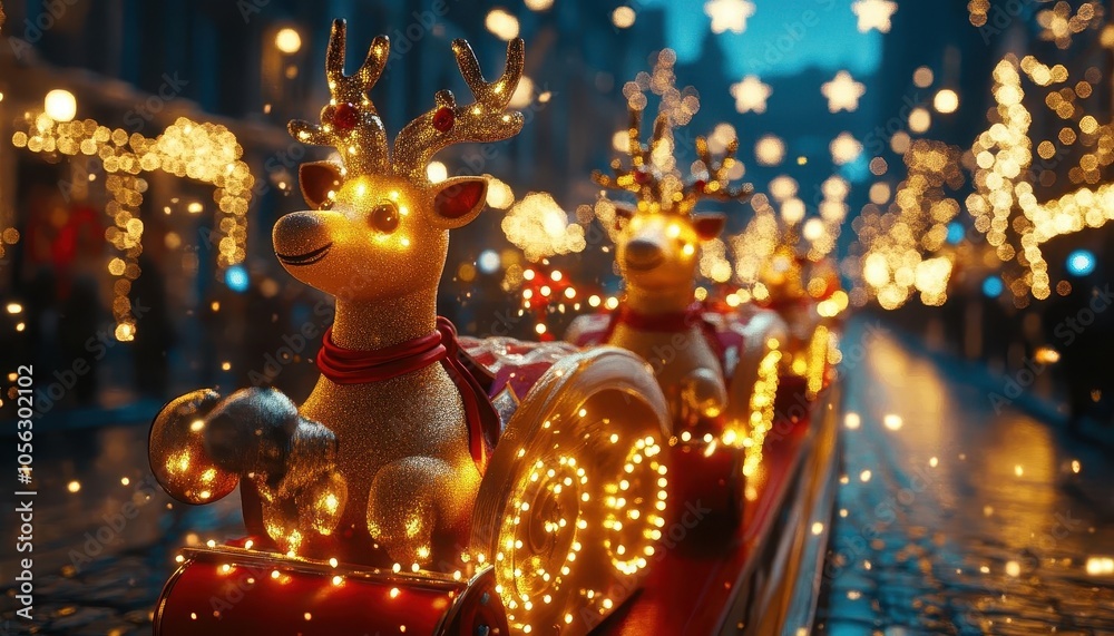 Fototapeta premium Christmas parade with glowing AR float details, vibrant festive street, dynamic lighting, photorealistic