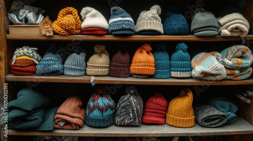 Cozy Knitted Hats on Display in a Shop photo