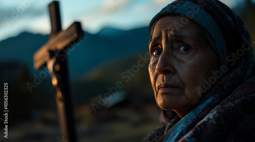 An elderly woman stands before a wooden cross in a cemetery with mountains in the background. She looks at the camera with a sorrowful expression.