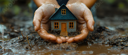 Hands Protecting a Home: A pair of muddy hands cradle a small house model, symbolizing the resilience and determination to rebuild after a flood or disaster.