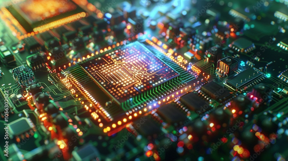 Obraz premium Illuminated Microchip on a Circuit Board