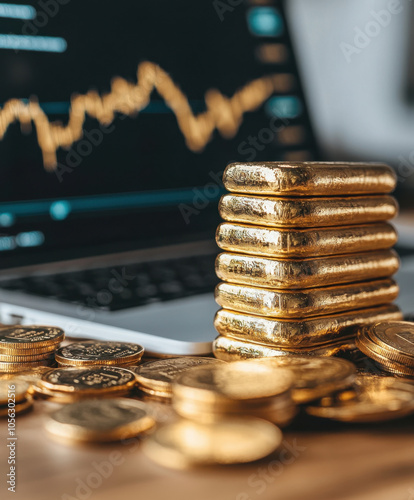 A close-up of gold bars and coins beside a laptop displaying financial charts, symbolizing wealth and investment.