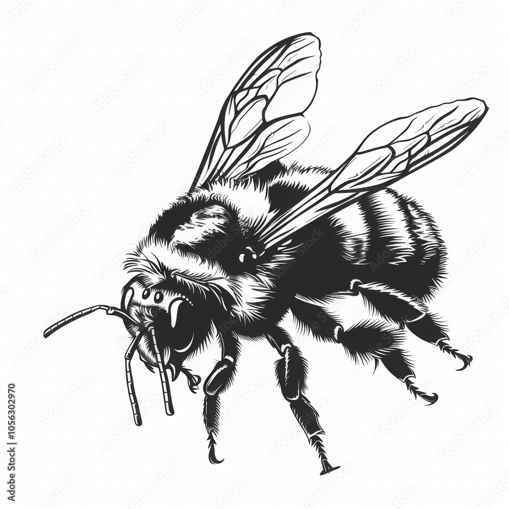 A detailed black and white illustration of a bumblebee. A detailed black and white illustration of a bumblebee.