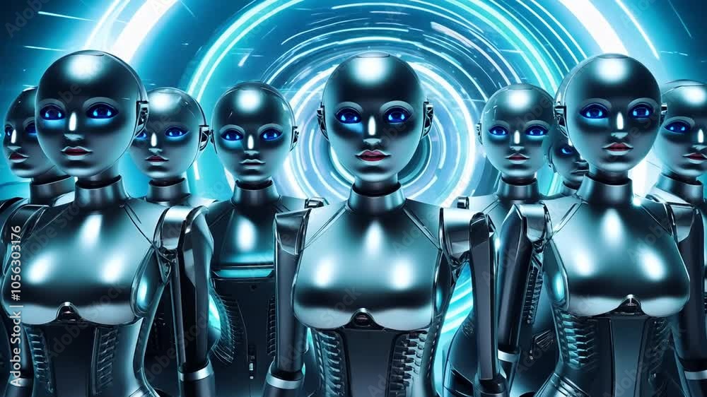 advanced Panorama sequence humanoid stand reflecting Line androids robots female technologies face automated high-tech futuristic AI copy future slow motion android innovation robot feature cyber hig