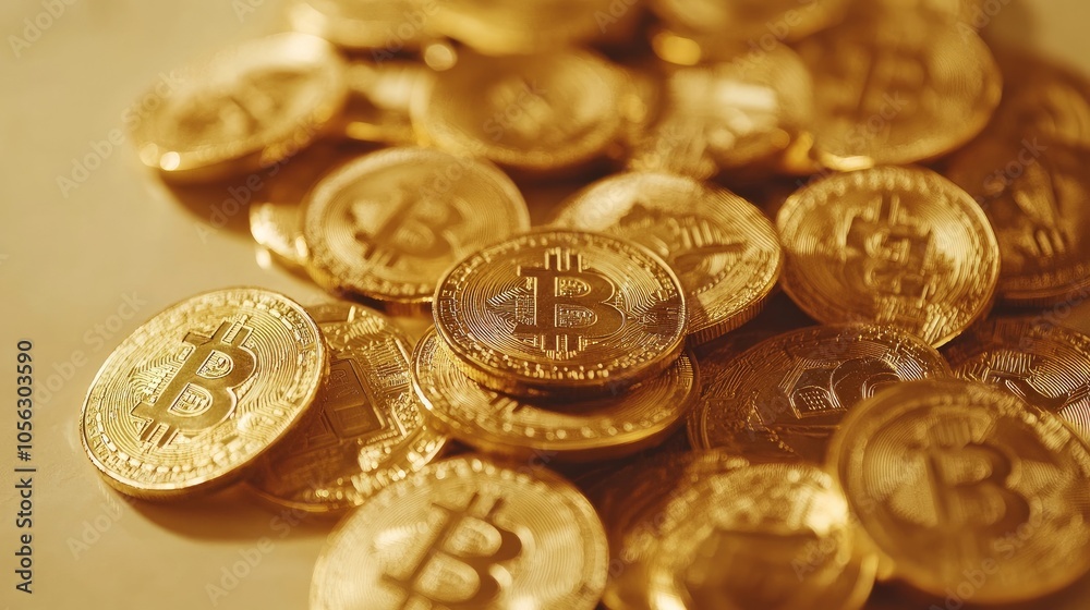 Bitcoin. Physical cryptocurrency in the form of golden bitcoin coins. new digital currency.
Bitcoin. Physical cryptocurrency in the form of golden bitcoin coins. new digital currency.